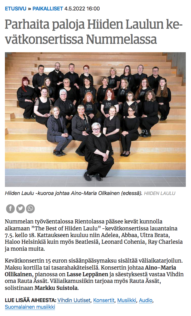 Luoteis-Uusimaa 4.5.2022: Parhaita paloja Hiiden Laulun kevätkonsertissa Nummelassa.