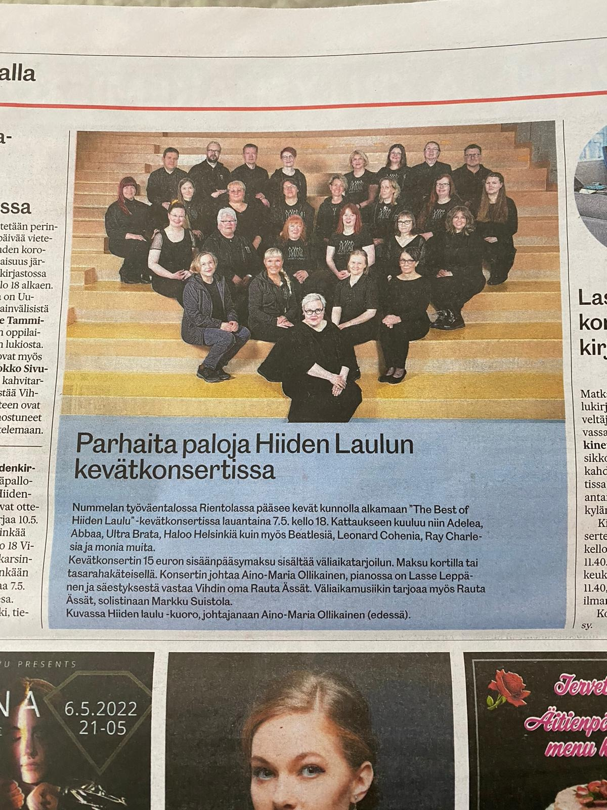 Vihdin Uutiset 4.5.2022: Parhaita paloja Hiiden Laulun kevätkonsertissa.